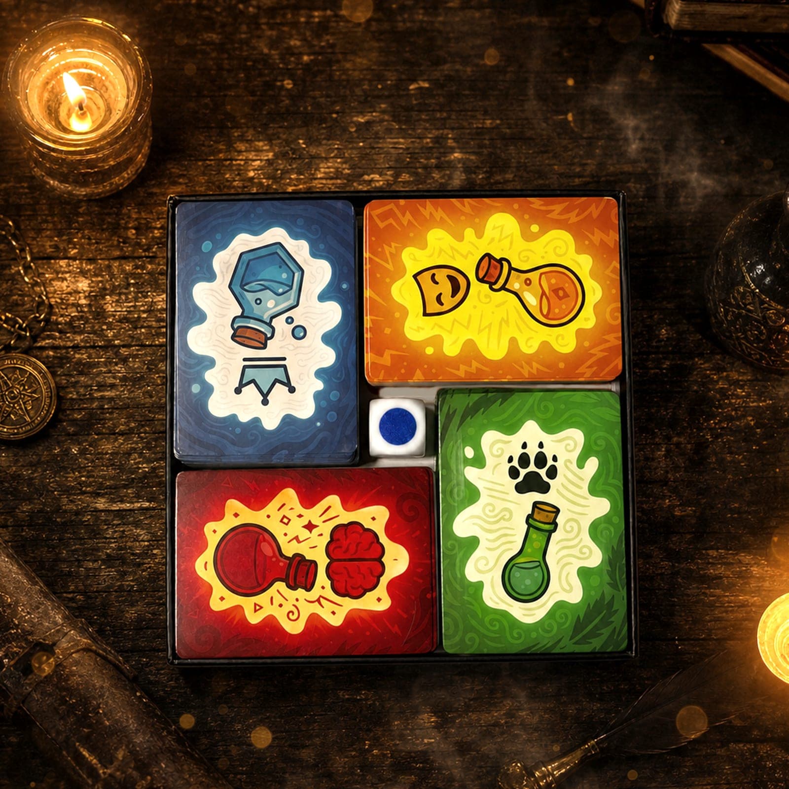Vue du dessus des 4 paquets de cartes rangés et du dé