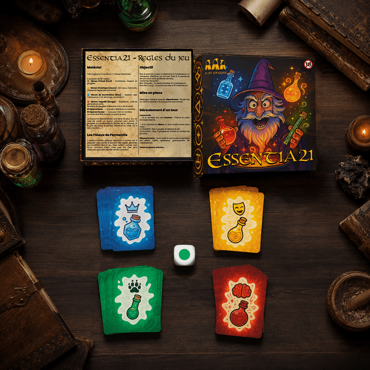 Contenu de la boîte Essentia21 : cartes, dé, livret de règles